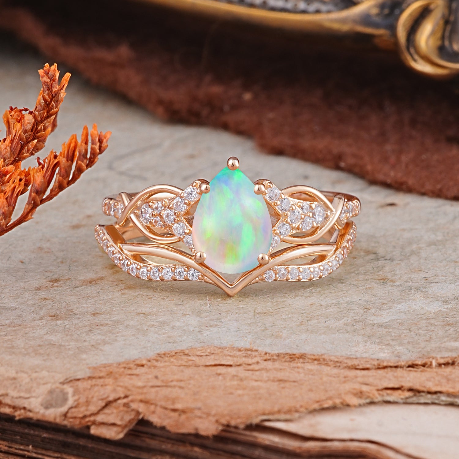 Romantic 5-Prong Pear Cut Opal Stacking Bridal Ring Set