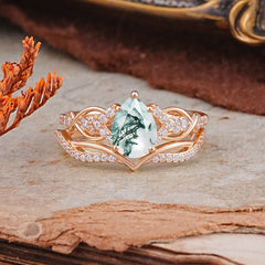 Romantic 5-Prong Pear Cut Natural Moss Agate Stacking Ring
