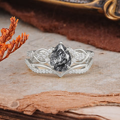 Romantic 5-Prong Pear Cut Natural Black Rutilated Quartz Stacking Ring