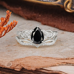 Romantic 5-Prong Pear Cut Natural Black Onyx Stacking Ring