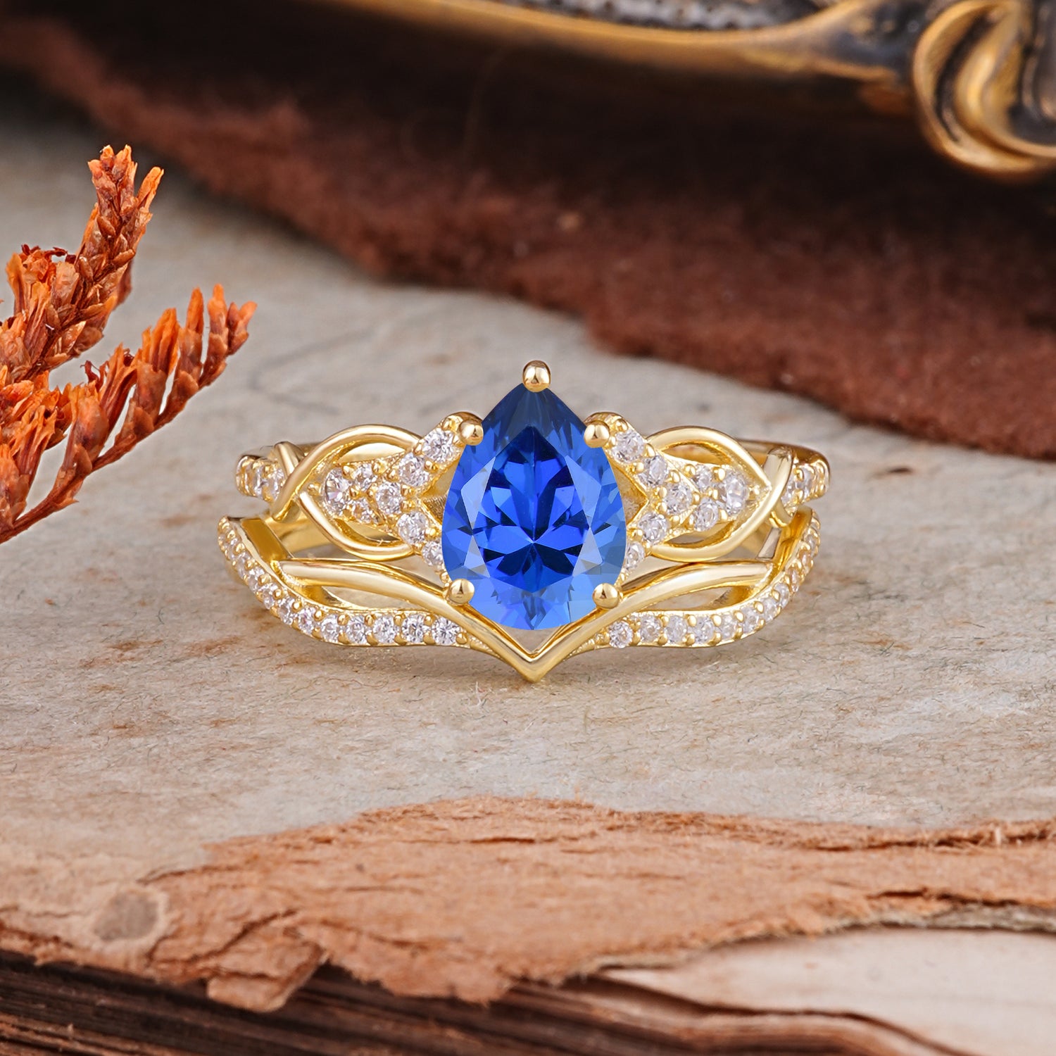 Romantic 5-Prong Pear Cut Sapphire Stacking Bridal Ring Set
