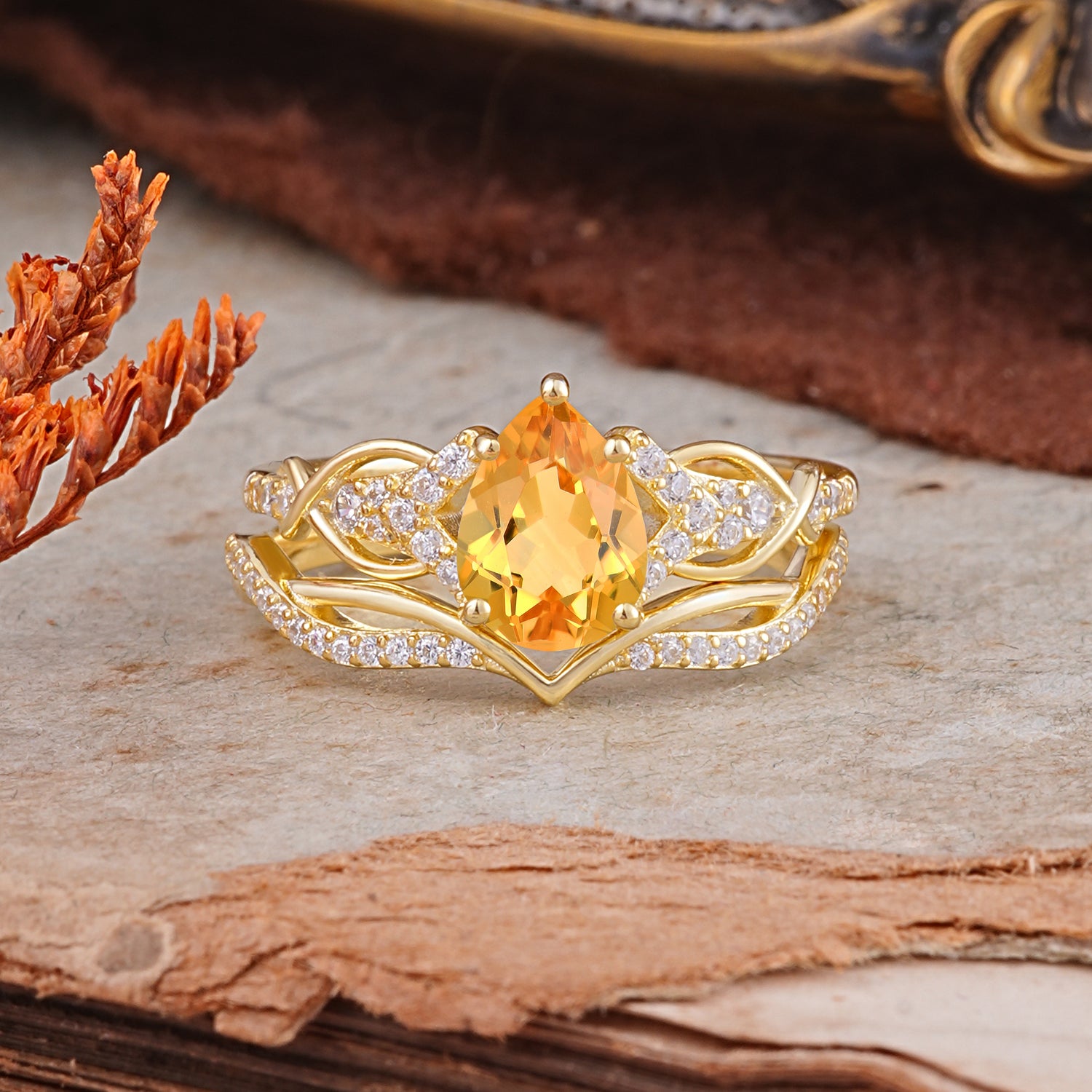 Romantic 5-Prong Pear Cut Citrine Stacking Bridal Ring Set
