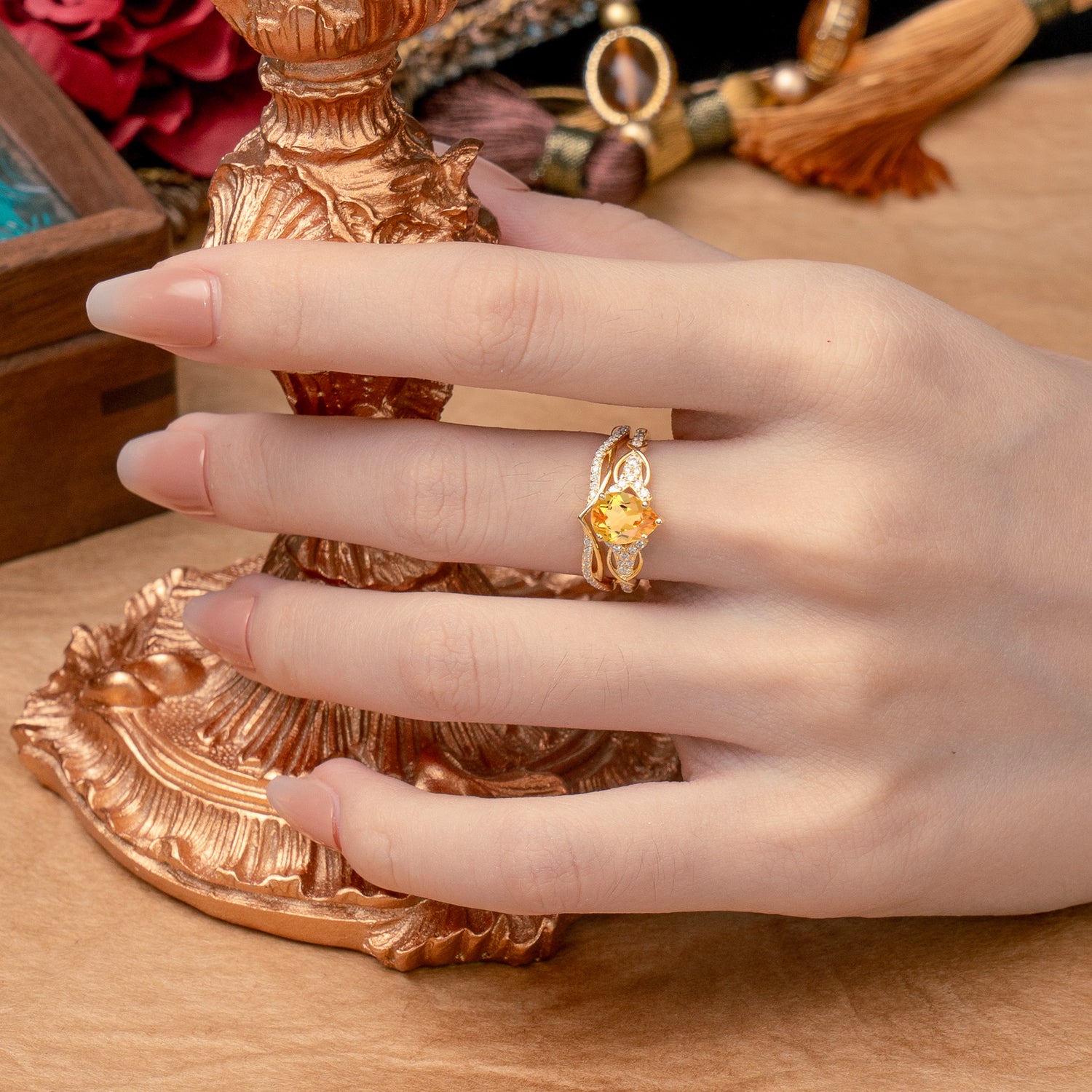 Romantic 5-Prong Pear Cut Citrine Stacking Bridal Ring Set