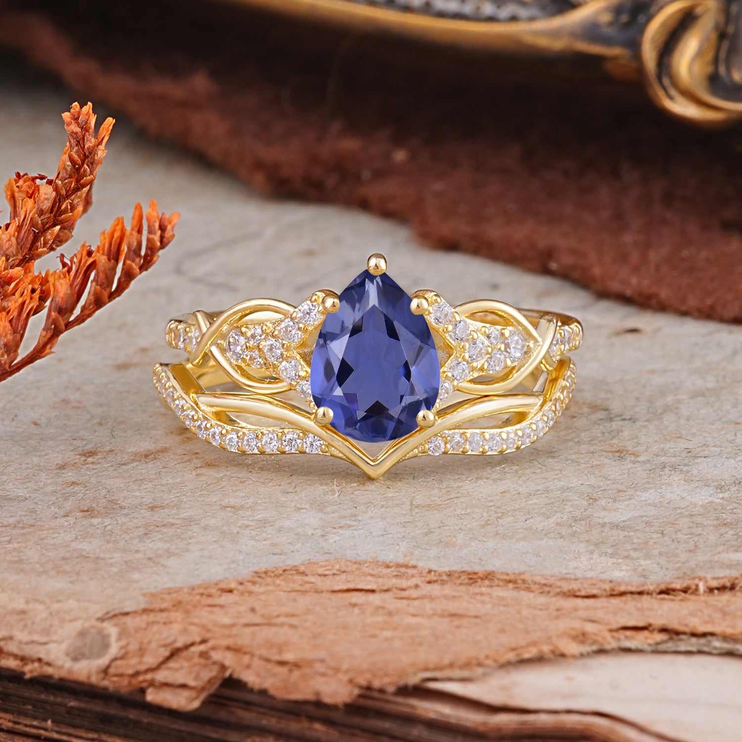 Romantic 5-Prong Pear Cut Natural Tanzanite Stacking Bridal Ring Set
