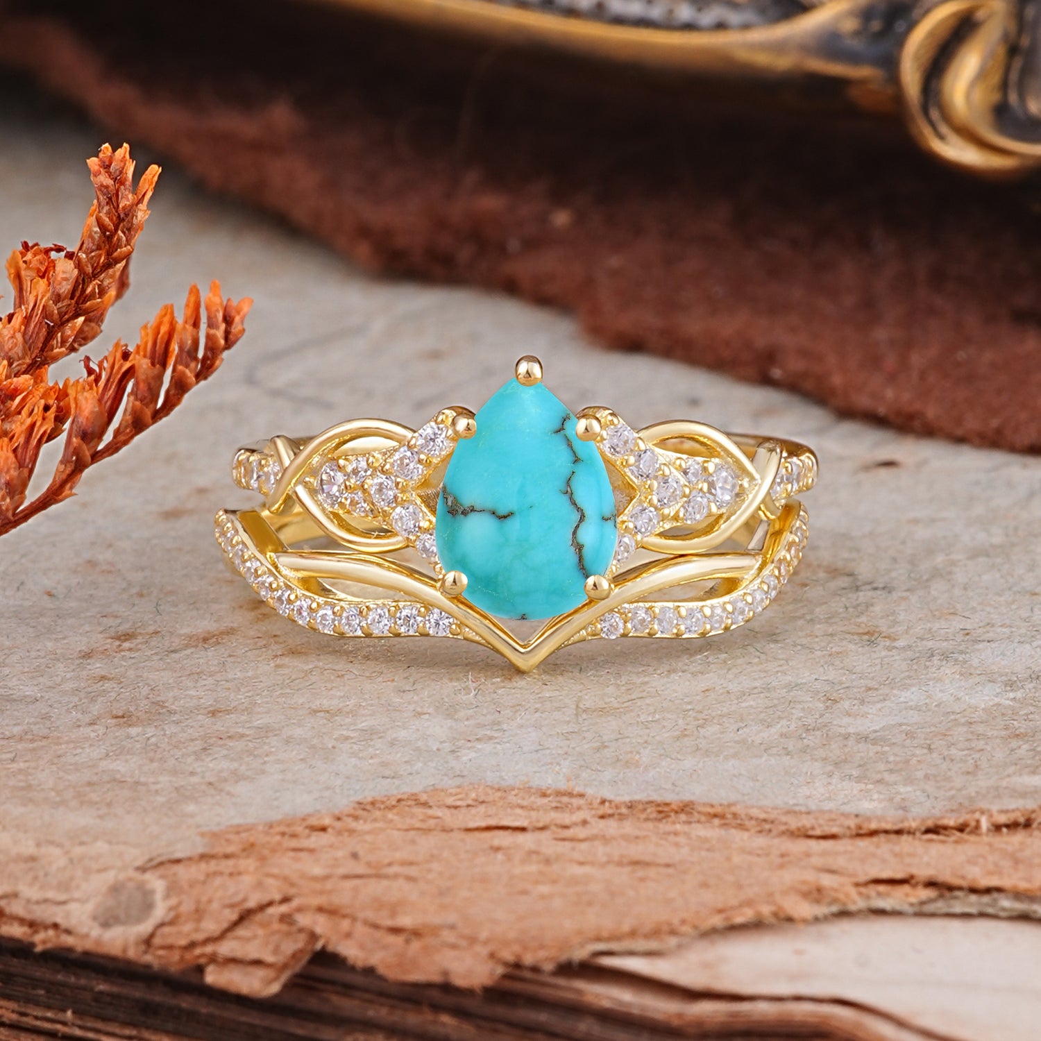Romantic 5-Prong Pear Cut Turquoise Stacking Bridal Ring Set