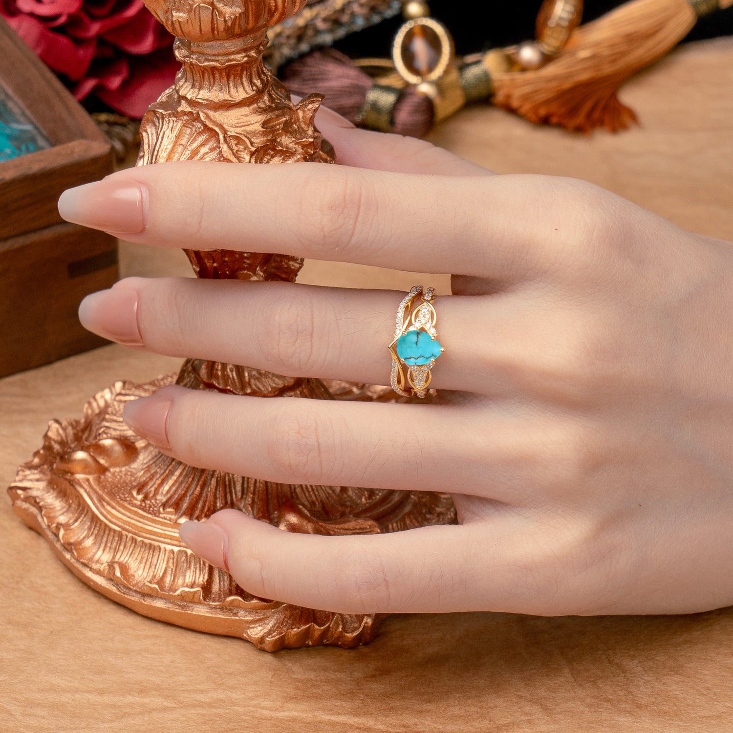Romantic 5-Prong Pear Cut Turquoise Stacking Bridal Ring Set