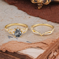 Romantic 5-Prong Pear Cut Natural Black Rutilated Quartz Stacking Ring
