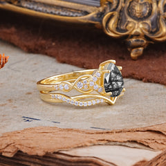Romantic 5-Prong Pear Cut Natural Black Rutilated Quartz Stacking Ring