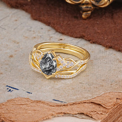 Romantic 5-Prong Pear Cut Natural Black Rutilated Quartz Stacking Ring