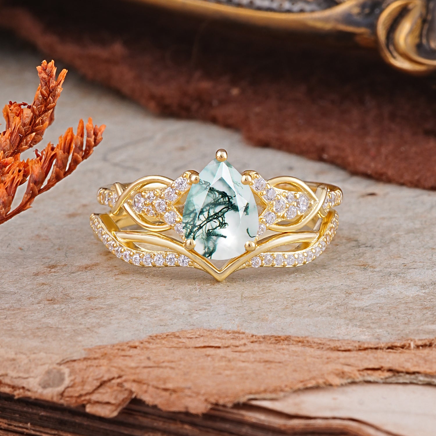 Romantic 5-Prong Pear Cut Natural Moss Agate Stacking Bridal Ring Set