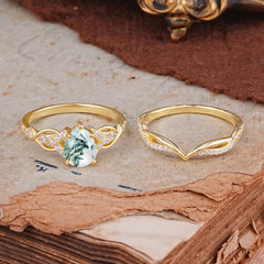 Romantic 5-Prong Pear Cut Natural Moss Agate Stacking Ring