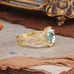 Romantic 5-Prong Pear Cut Natural Moss Agate Stacking Ring