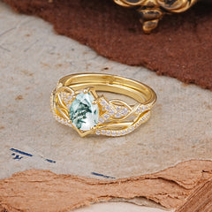 Romantic 5-Prong Pear Cut Natural Moss Agate Stacking Ring