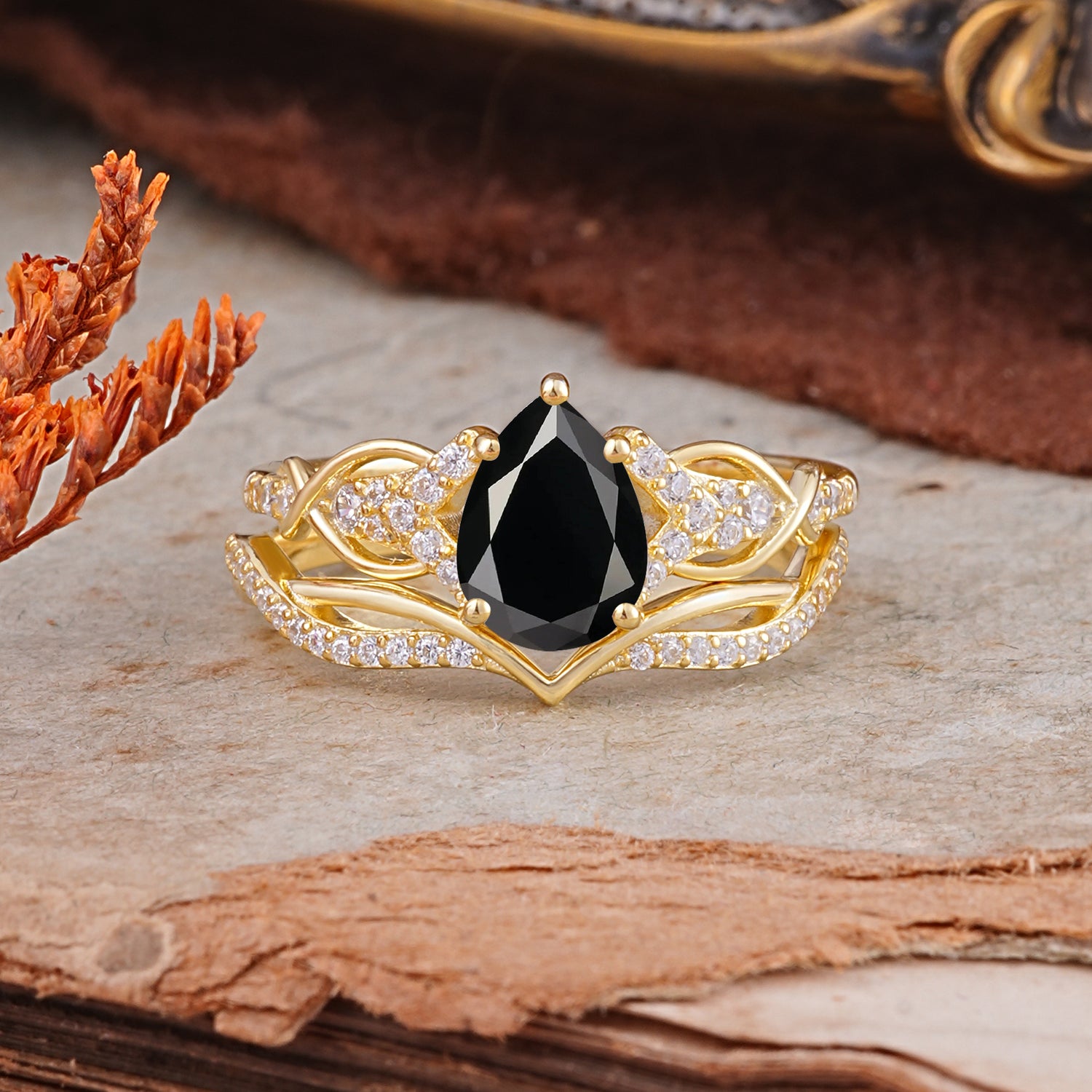 Romantic 5-Prong Pear Cut Natural Black Onyx Stacking Bridal Ring Set