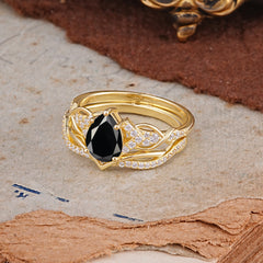 Romantic 5-Prong Pear Cut Natural Black Onyx Stacking Ring