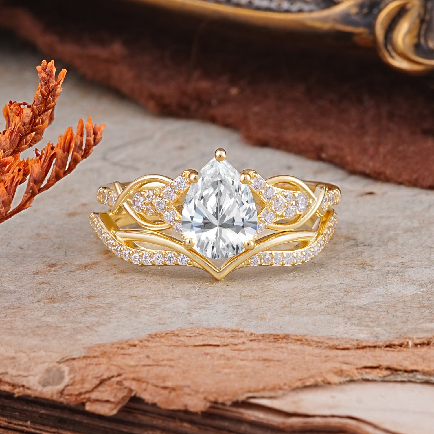 Romantic 5-Prong Pear Cut Lab Diamond Stacking Bridal Ring Set