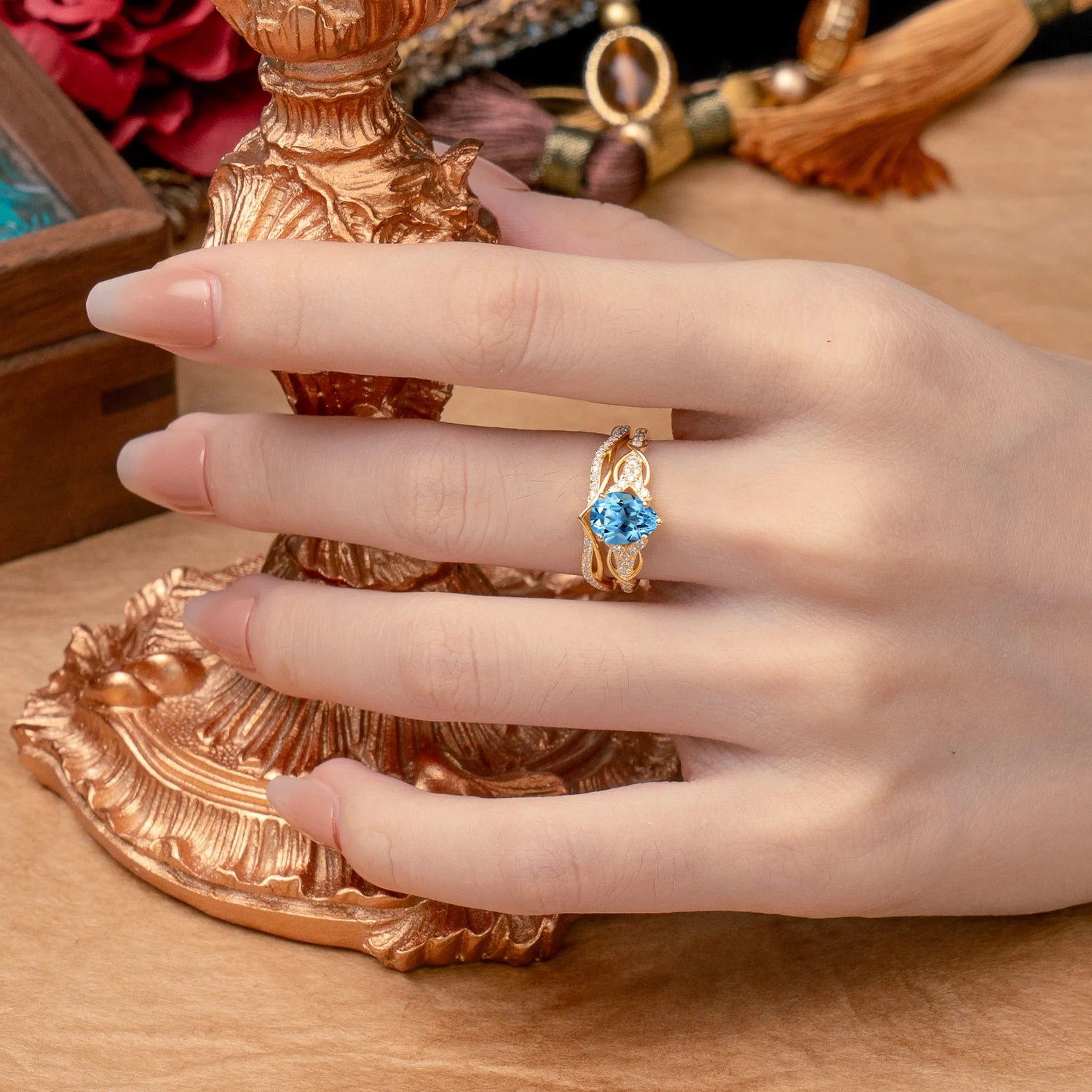 Romantic 5-Prong Pear Cut Aquamarine Stacking Bridal Ring Set