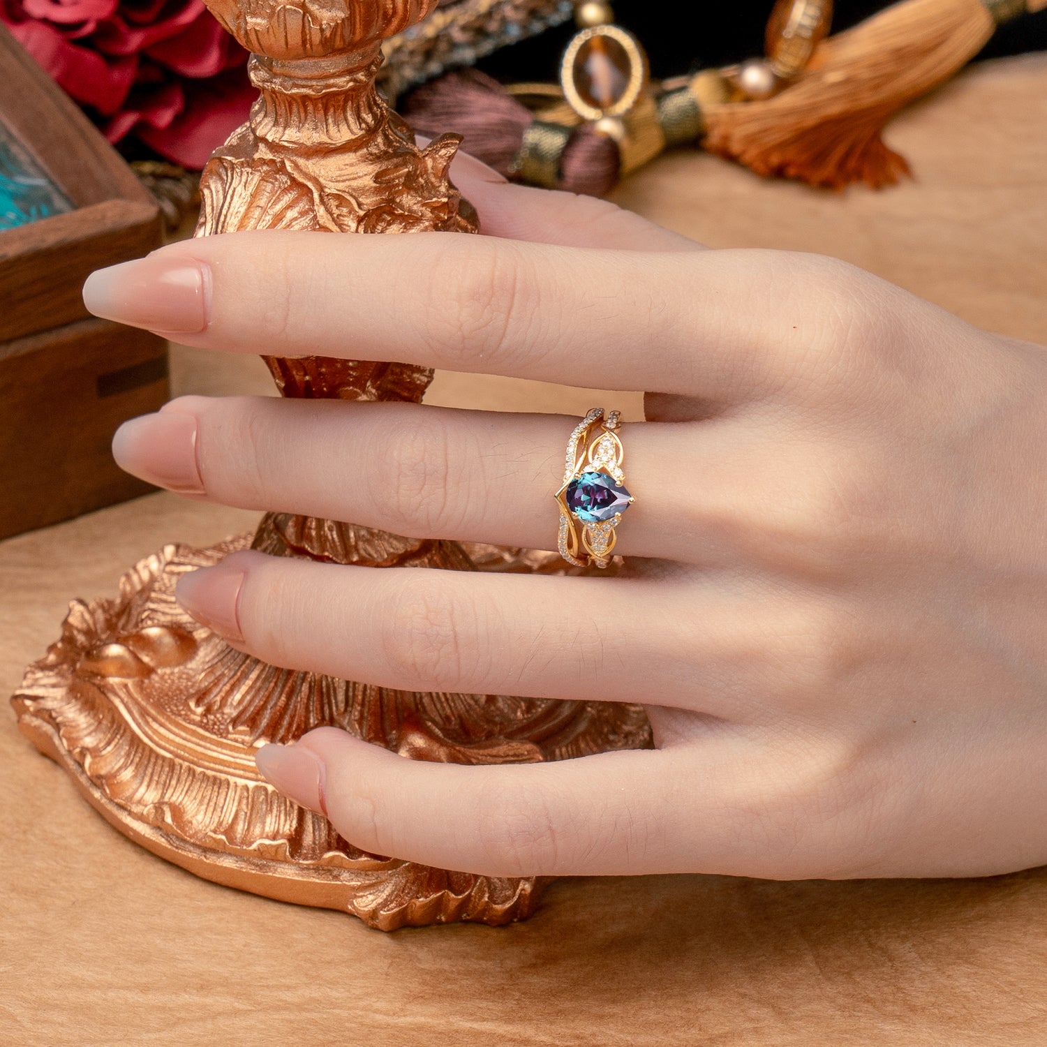 Romantic 5-Prong Pear Cut Alexandrite Stacking Bridal Ring Set