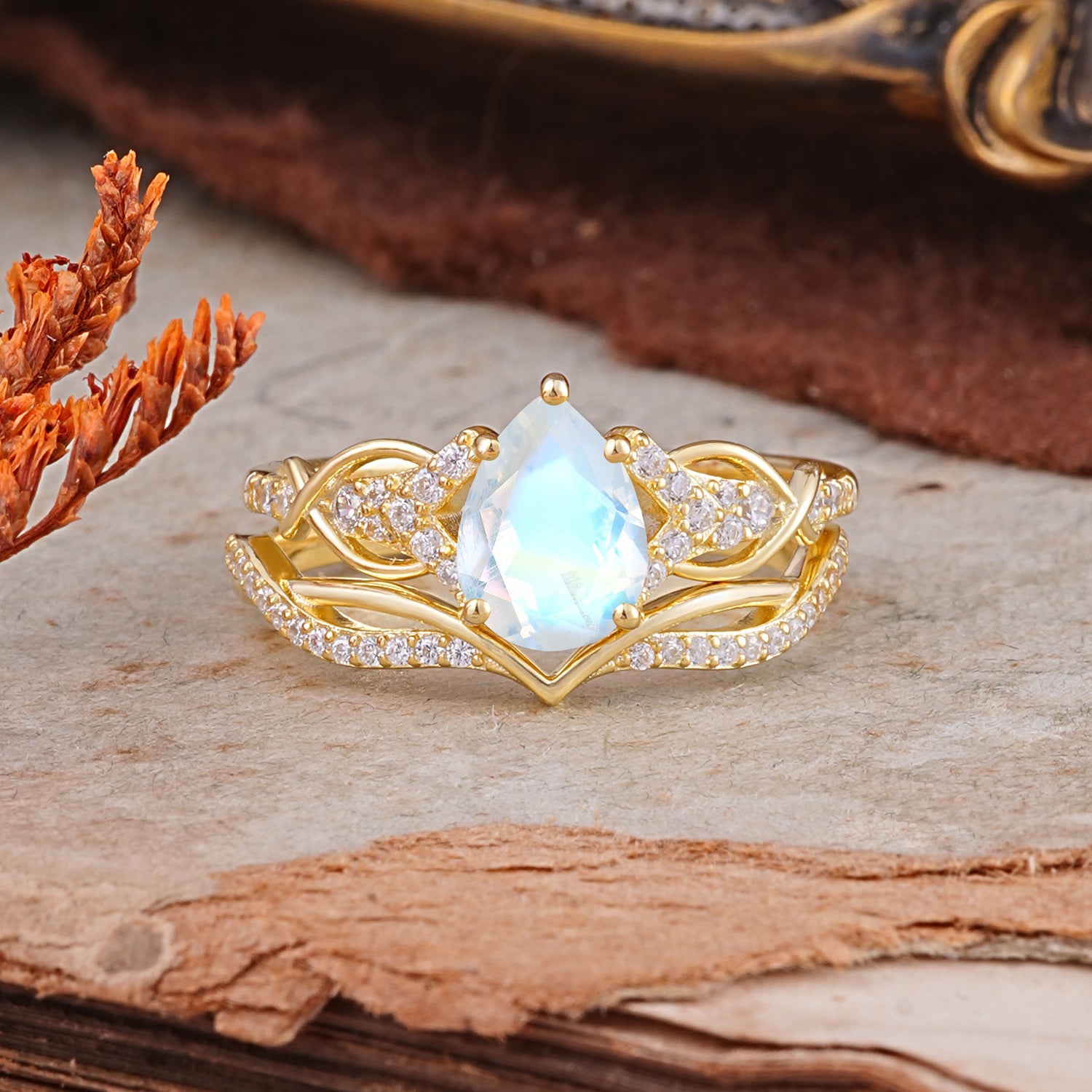 Romantic 5-Prong Pear Cut Natural Moonstone Stacking Bridal Ring Set