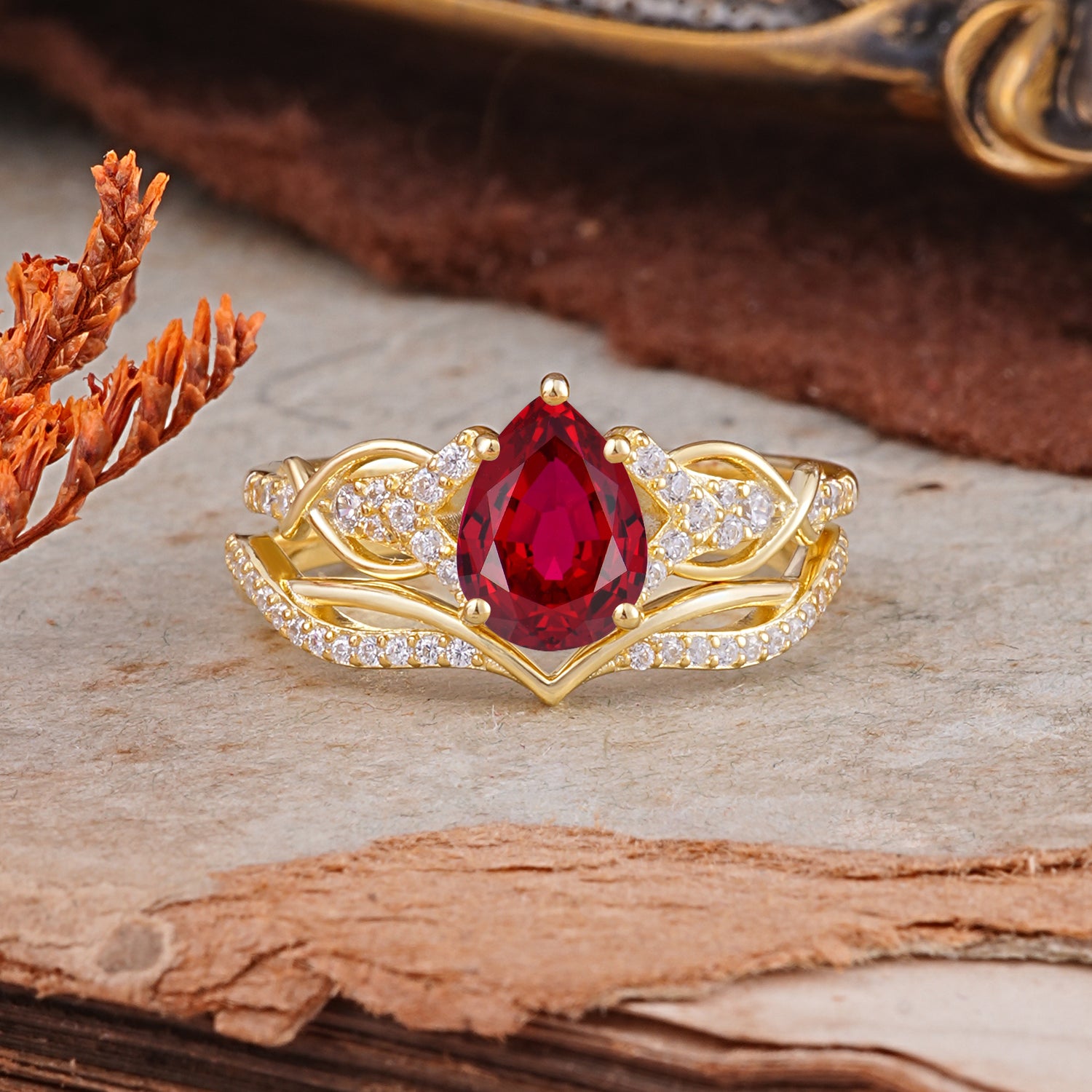 Romantic 5-Prong Pear Cut Ruby Stacking Bridal Ring Set