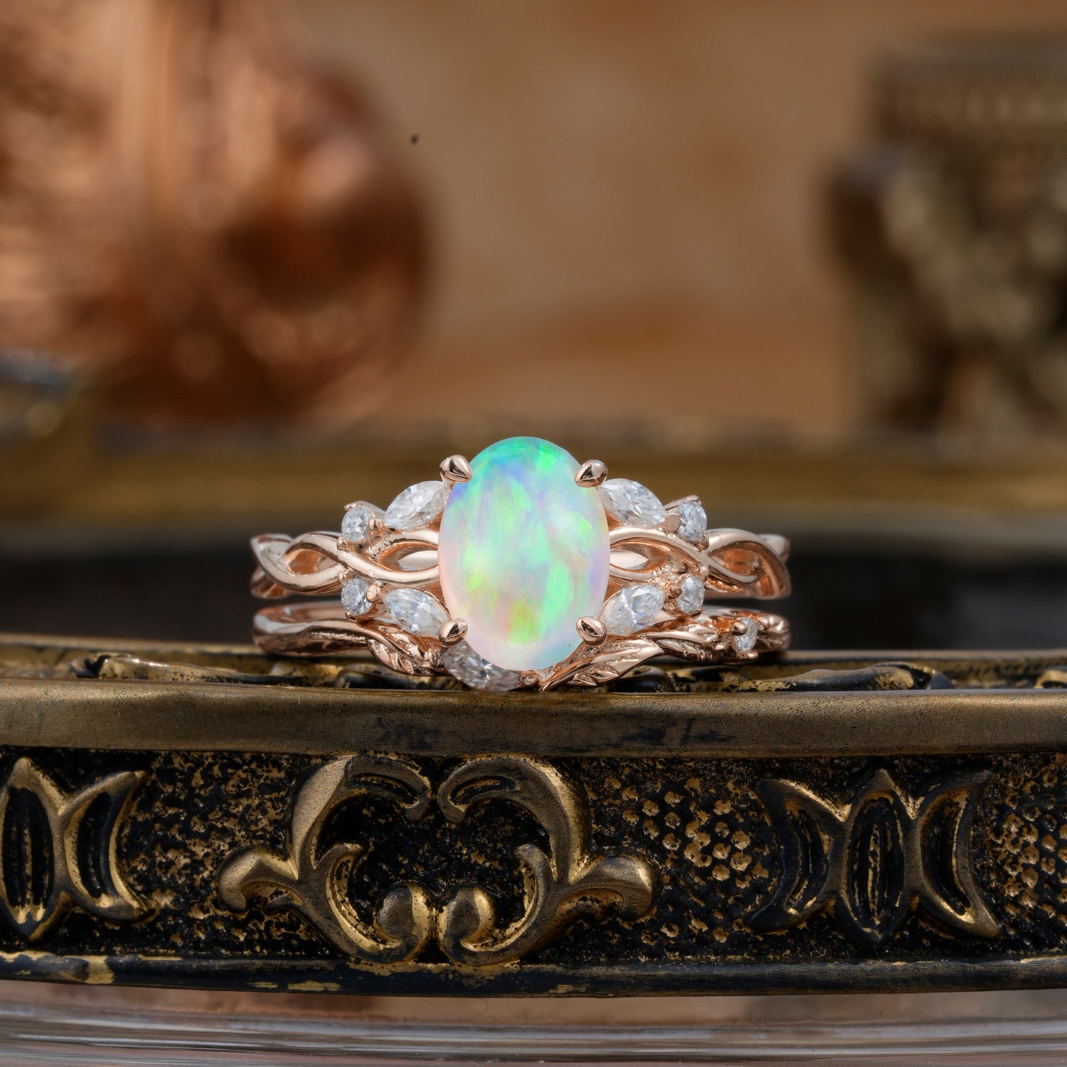 Nature-inspired 4-Prong Oval Cut Opal Bridal Ring Set