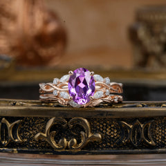 Nature-inspired 4-Prong Oval Cut Amethyst Stacking Ring