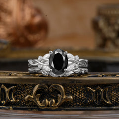 Nature-inspired 4-Prong Oval Cut Black Onyx Stacking Ring