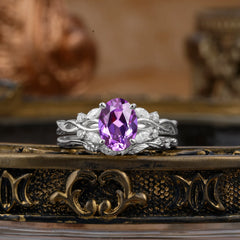 Nature-inspired 4-Prong Oval Cut Amethyst Stacking Ring
