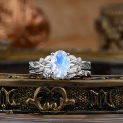 Nature-inspired 4-Prong Oval Cut Moonstone Stacking Ring