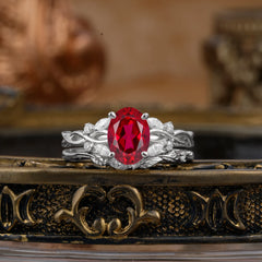 Nature-inspired 4-Prong Oval Cut Ruby Stacking Ring