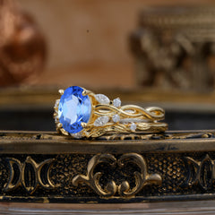 Romantic Nature-inspired 4-Prong Oval Cut Sapphire Stacking Ring