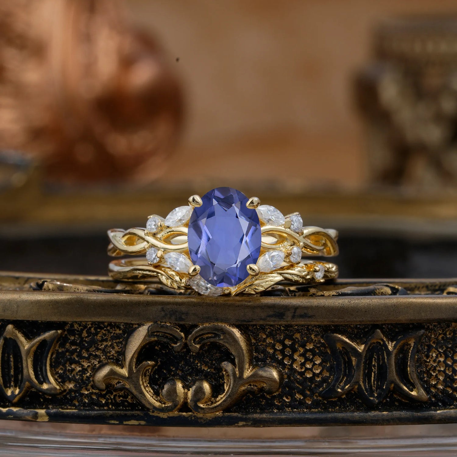Nature-inspired 4-Prong Oval Cut Tanzanite Stacking Ring
