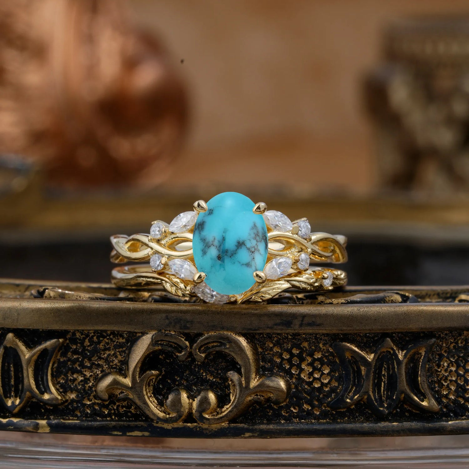 Nature-inspired 4-Prong Oval Cut Turquoise Bridal Ring Set