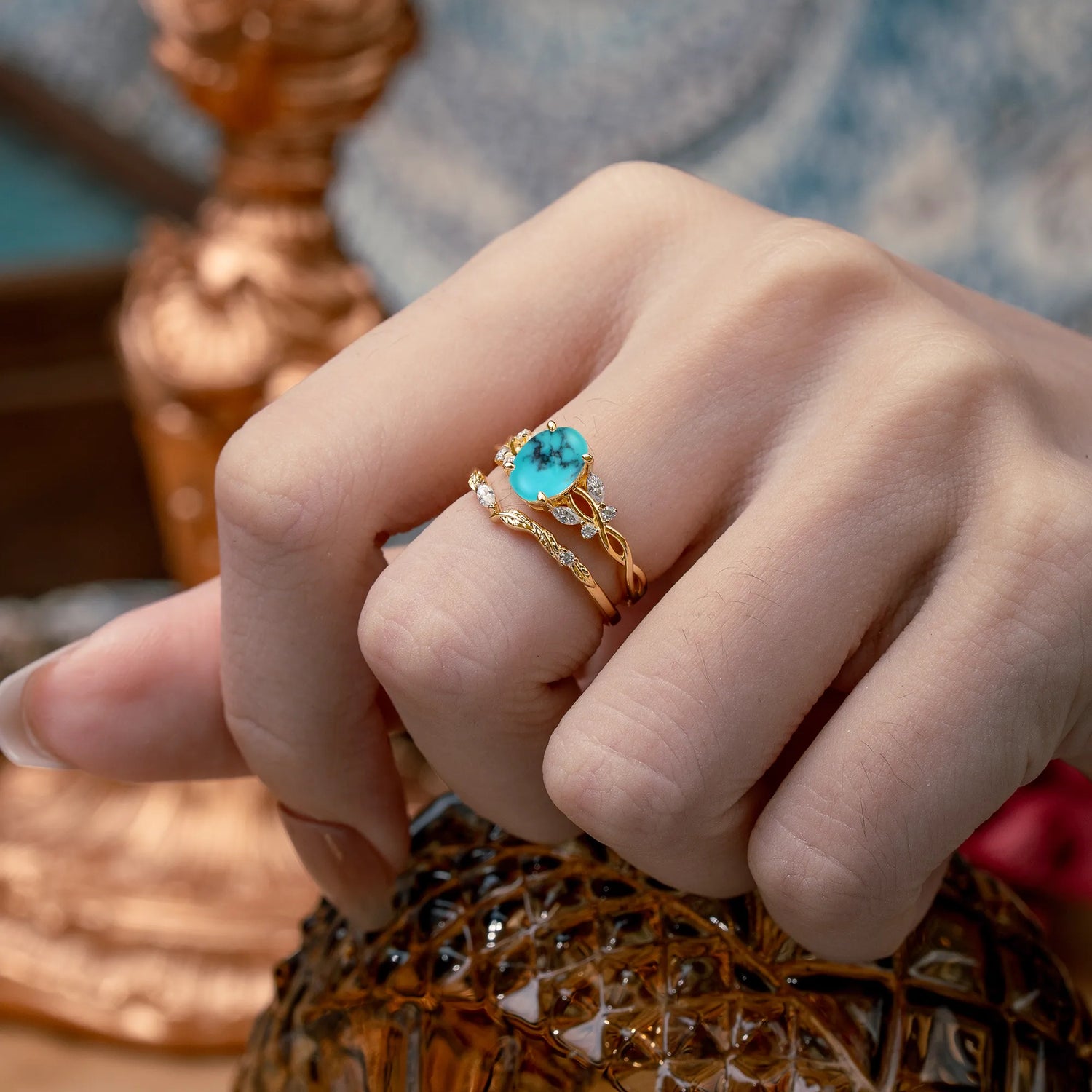 Nature-inspired 4-Prong Oval Cut Turquoise Bridal Ring Set