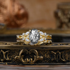 Nature-inspired 4-Prong Oval Cut Black Rutilated Quartz Stacking Ring