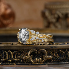 Nature-inspired 4-Prong Oval Cut Black Rutilated Quartz Stacking Ring