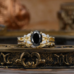 Nature-inspired 4-Prong Oval Cut Black Onyx Stacking Ring
