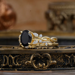Nature-inspired 4-Prong Oval Cut Black Onyx Stacking Ring