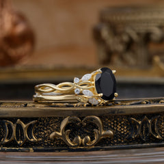 Nature-inspired 4-Prong Oval Cut Black Onyx Stacking Ring