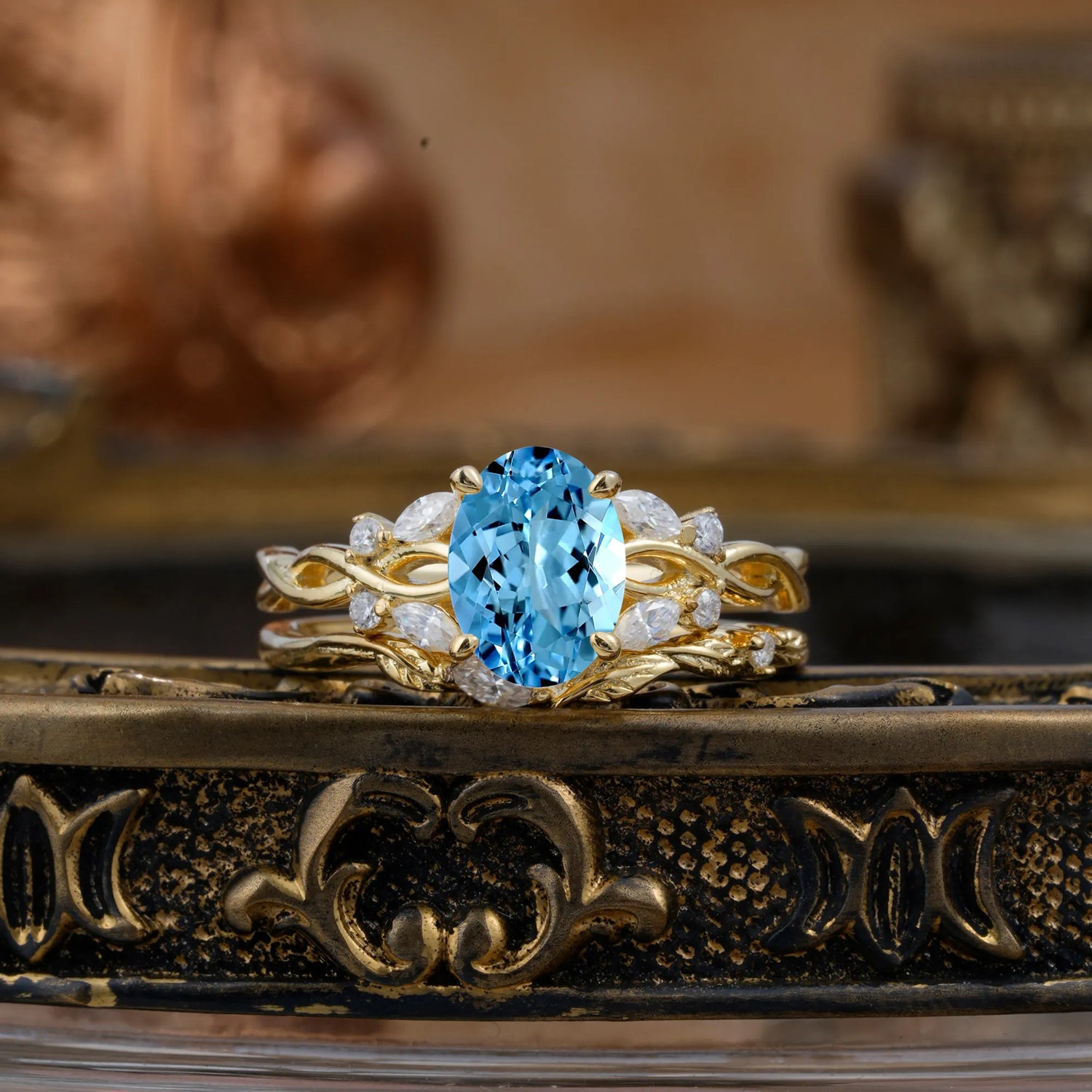 Nature-inspired 4-Prong Oval Cut Aquamarine Bridal Ring Set