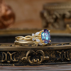 Nature-inspired 4-Prong Oval Cut Alexandrite Stacking Ring