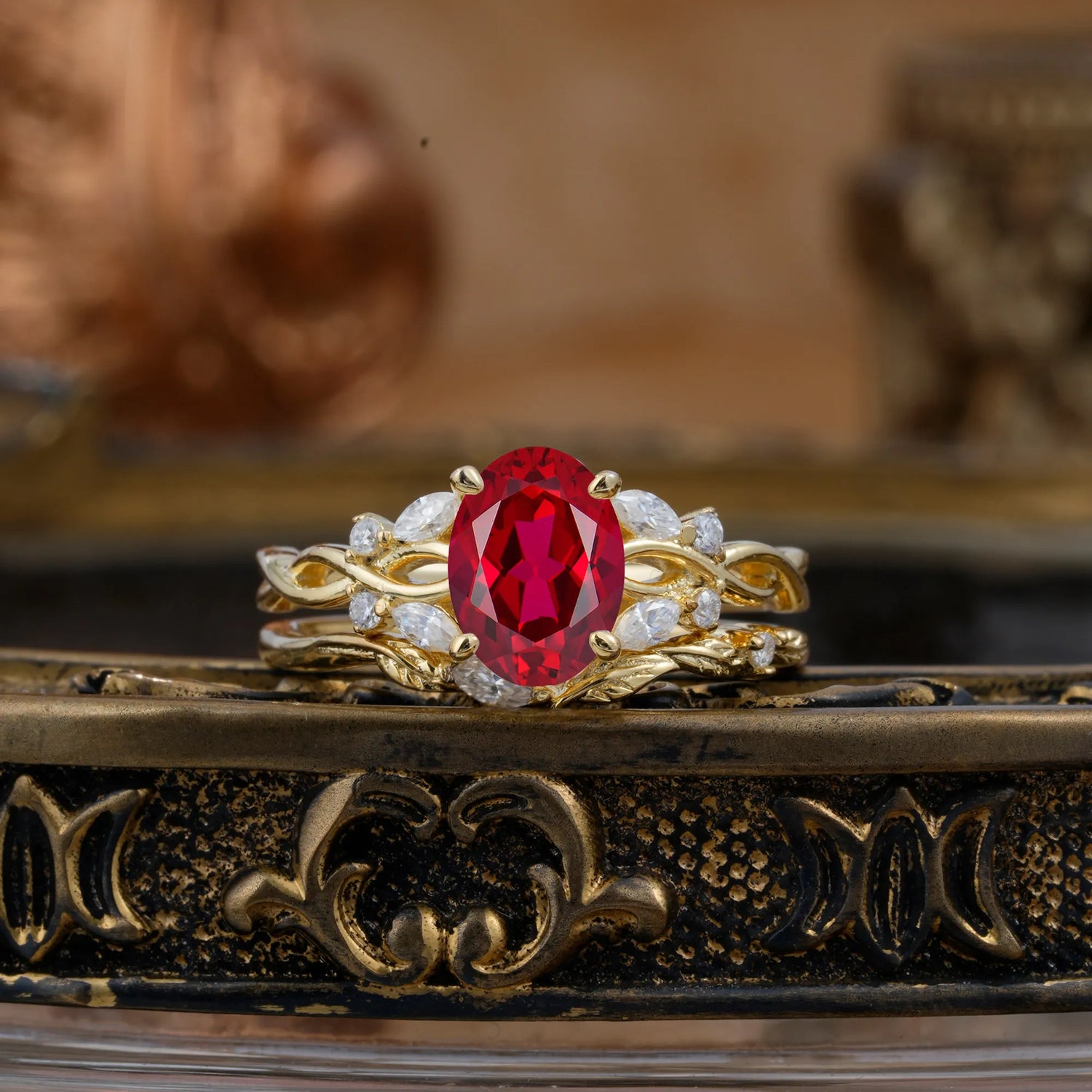 Nature-inspired 4-Prong Oval Cut Ruby Bridal Ring Set