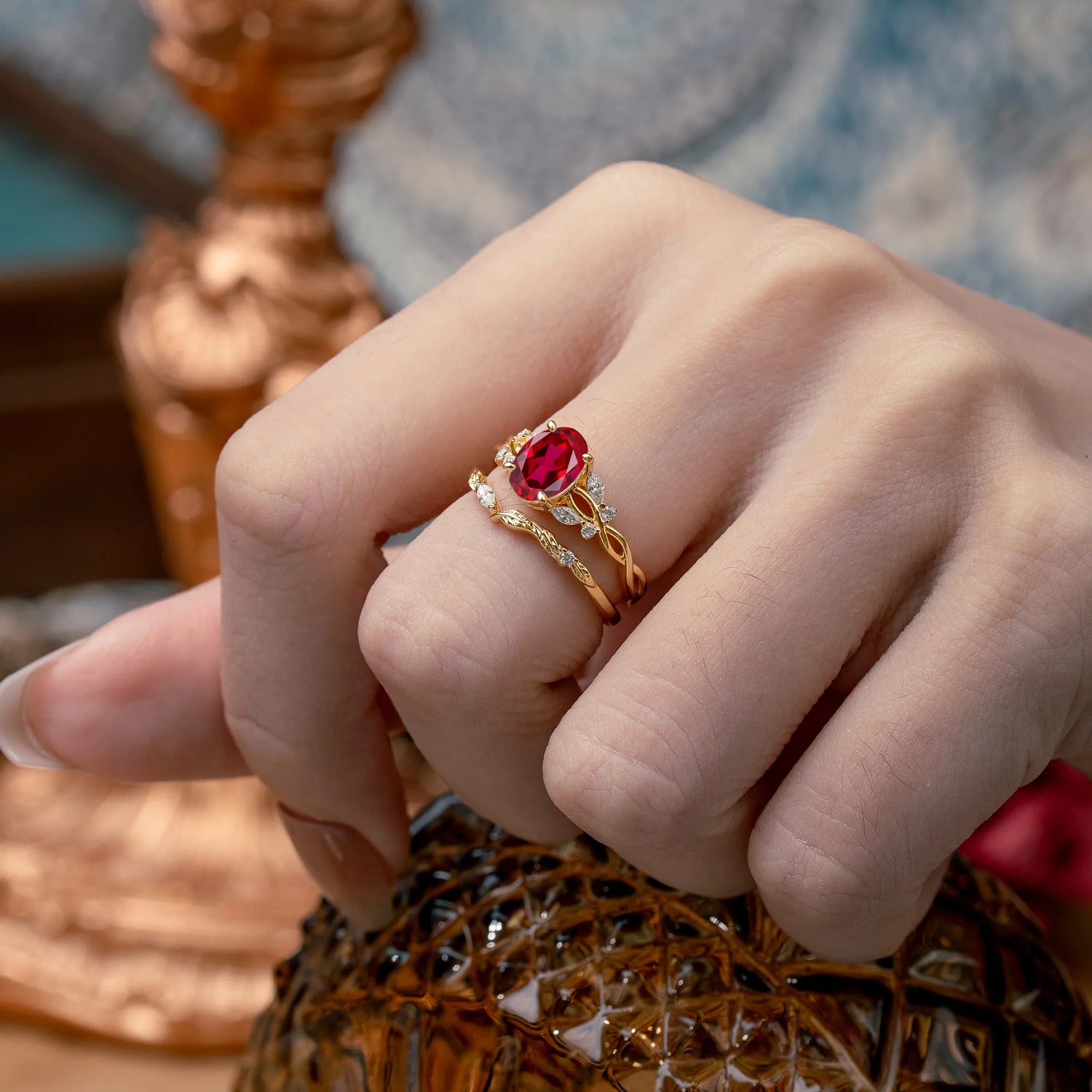 Nature-inspired 4-Prong Oval Cut Ruby Bridal Ring Set