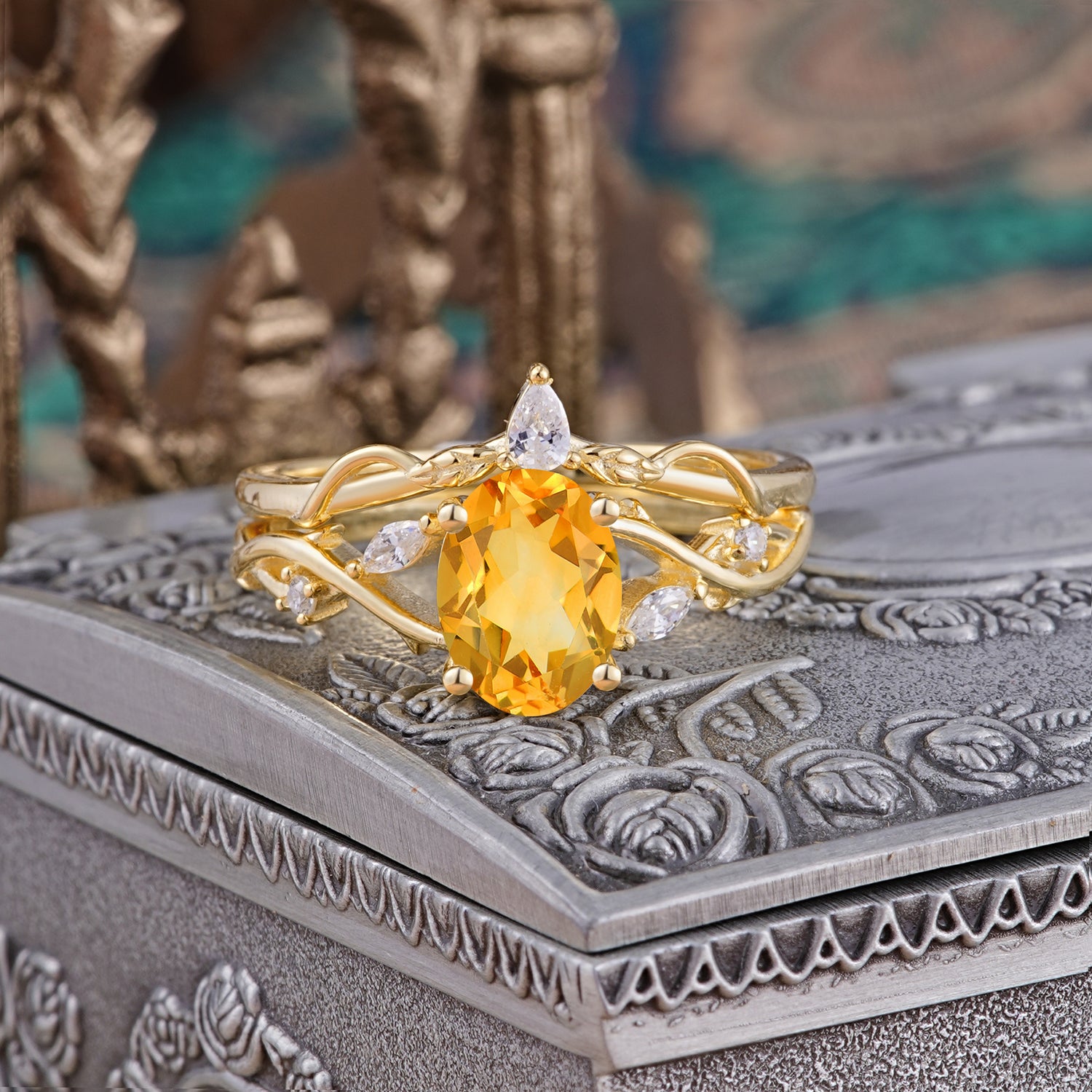 Enchanted 4-Prong Oval Cut Citrine Stacking Bridal Ring Set