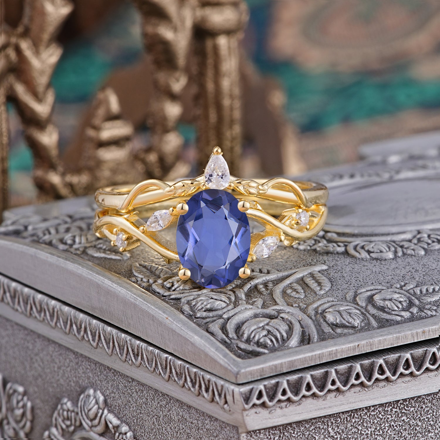 Enchanted 4-Prong Oval Cut Tanzanite Stacking Bridal Ring Set - Romalar Jewelry