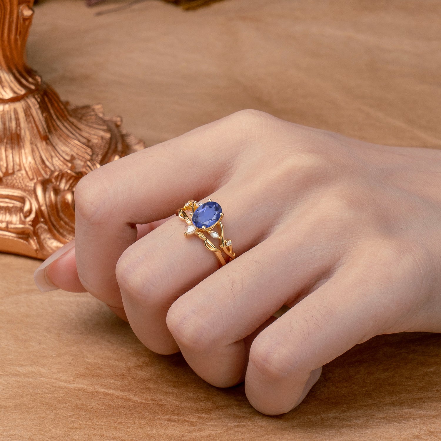 Enchanted 4-Prong Oval Cut Tanzanite Stacking Bridal Ring Set - Romalar Jewelry