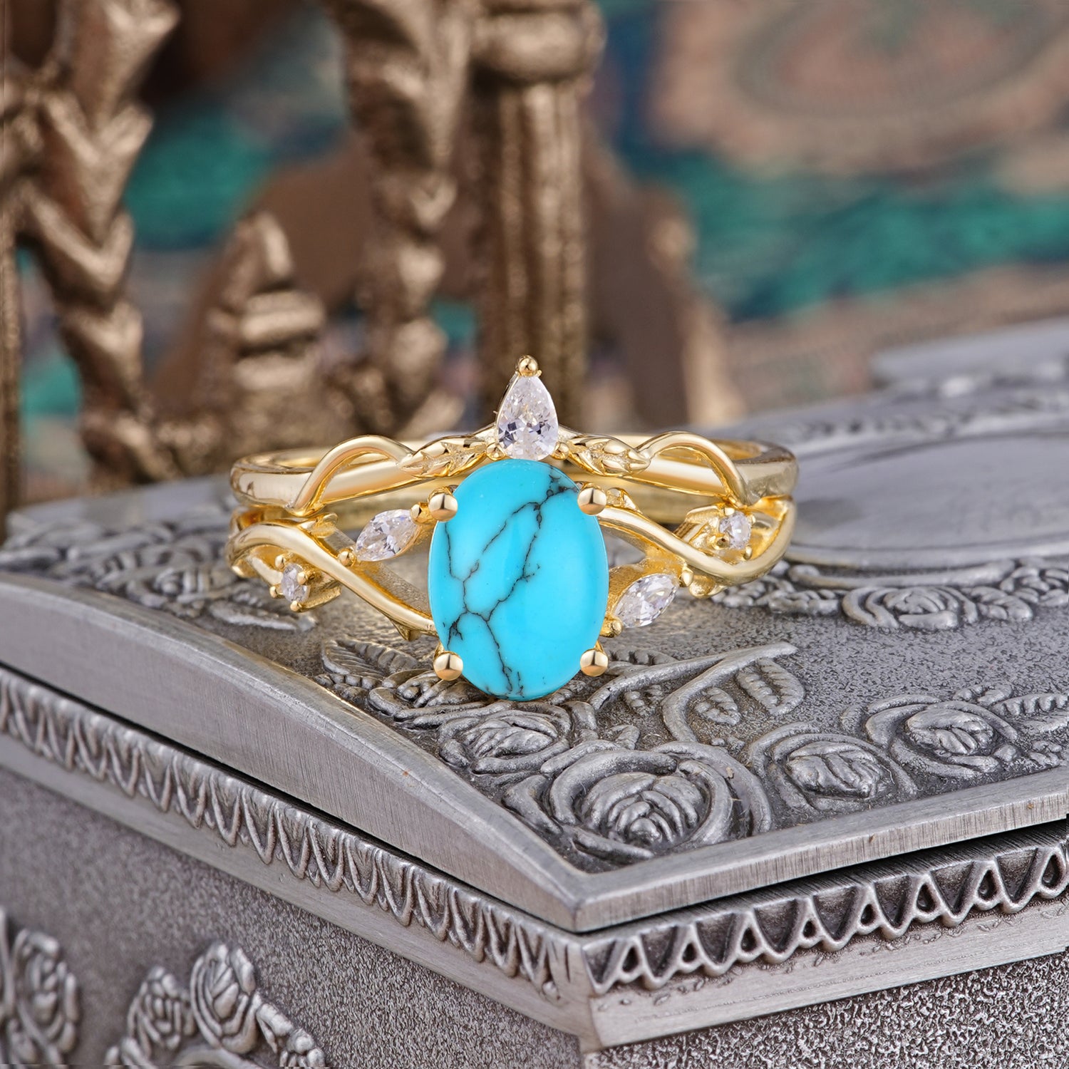 Enchanted 4-Prong Oval Cut Turquoise Stacking Bridal Ring Set