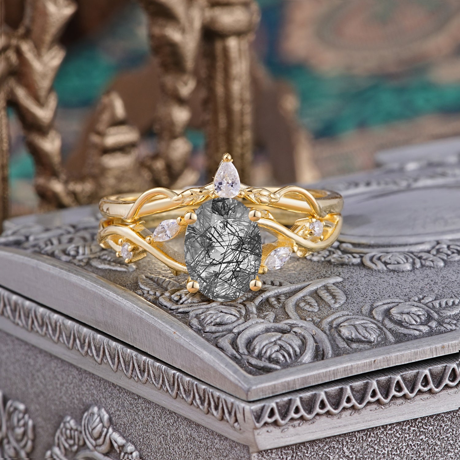 Enchanted 4-Prong Oval Cut Black Rutilated Quartz Stacking Bridal Ring Set