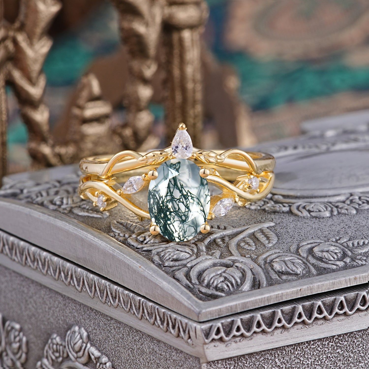 Enchanted 4-Prong Oval Cut Natural Moss Agate Stacking Bridal Ring Set