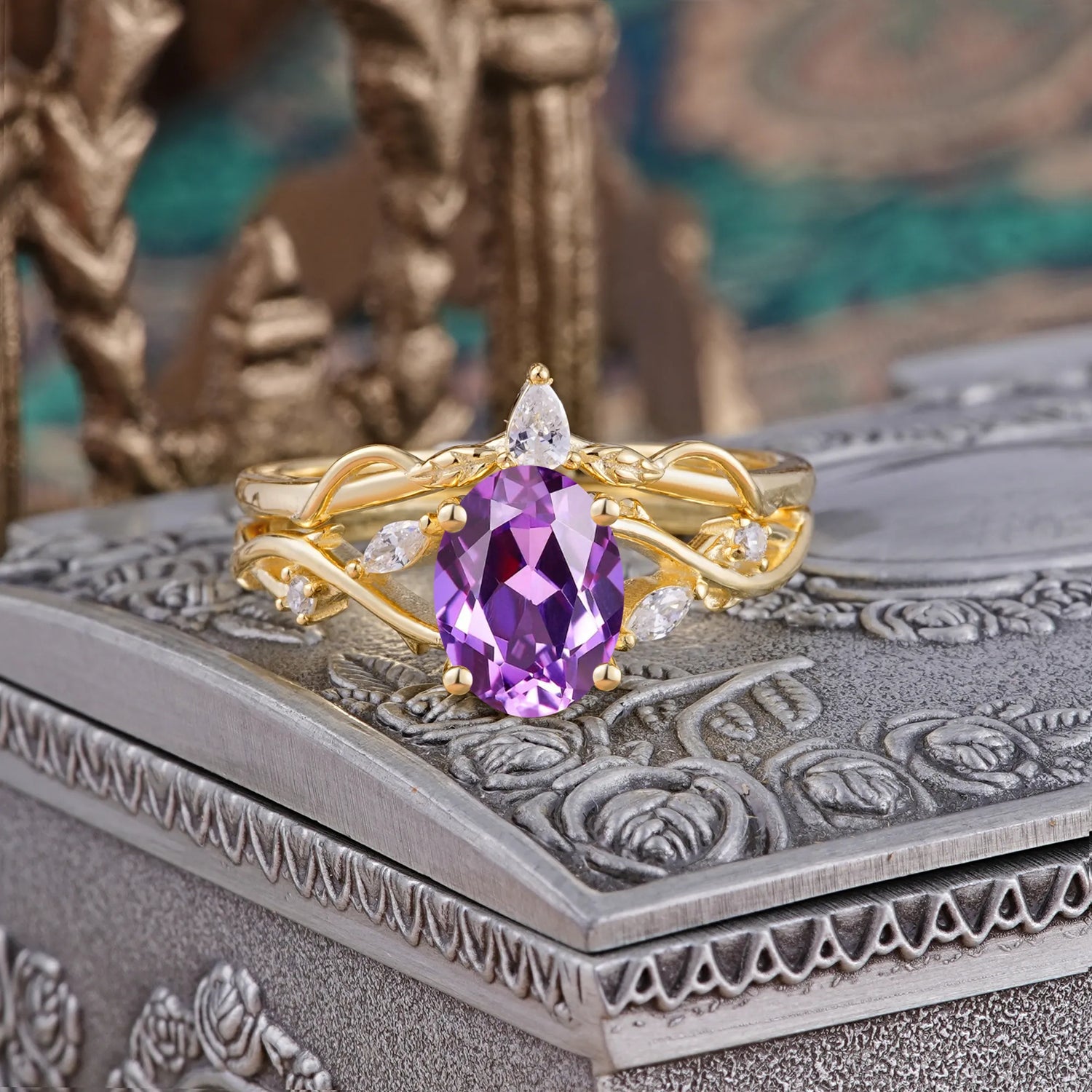 Enchanted 4-Prong Oval Cut Natural Amethyst Stacking Bridal Ring Set
